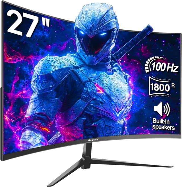 Detalle de Gawfolk Curved Monitor 27 Zoll (1800R), 100 Hz mit Lautsprechern, 1080p, VA, HDMI & DP, VESA