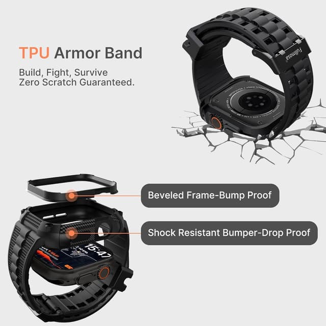 Detalle 2 de Fullmosa Rugged Cover con cinturino per Apple Watch Ultra 3/Ultra 2/Ultra 49 mm in TPU nero con bumper militare
