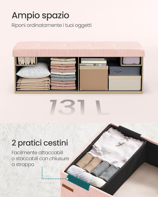 Detalle de SONGMICS LSF604R01 panca contenitore pouf pieghevole rosa pastello 38 x 110 x 38 cm