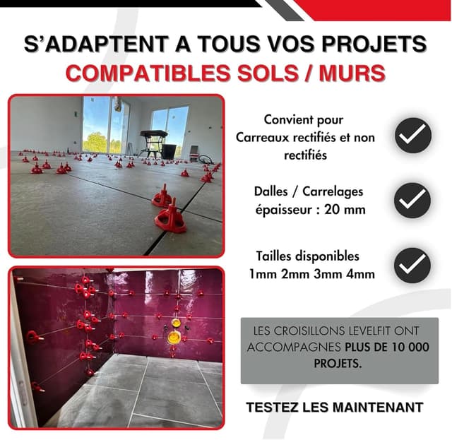 Detalle de Croisillons carrelage autonivelant 3 mm Shaffer pro (200 clips + 100 cadrans réutilisables) pour joints réguliers, 3 à 22 mm