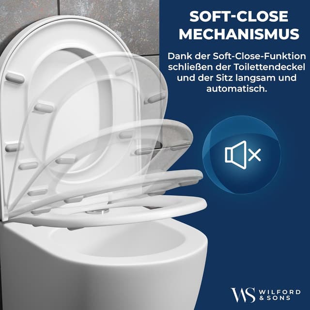Detalle de Wilford & Sons PREMIUM D-Form Toilettendeckel (WC-Sitz) mit Absenkautomatik, abnehmbar – weiß, Duroplast