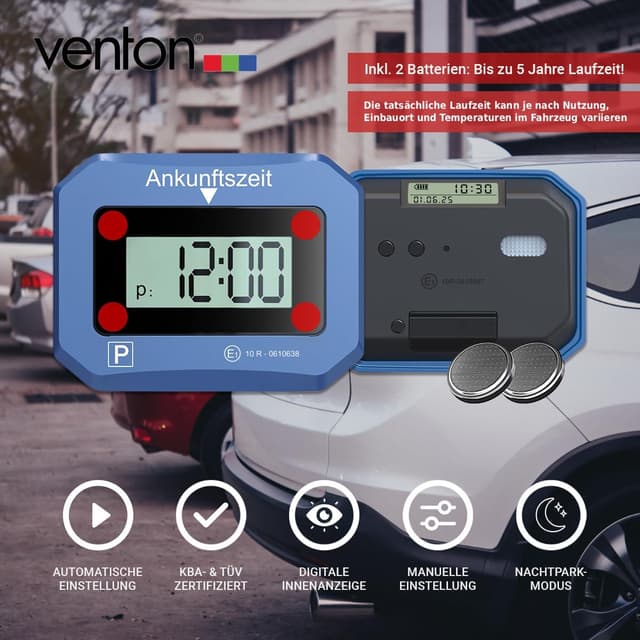 Detalle de VENTON V2 Elektronische Parkscheibe (mit KBA-Zulassung) – automatische Parkuhr mit Nachtmodus & SOS