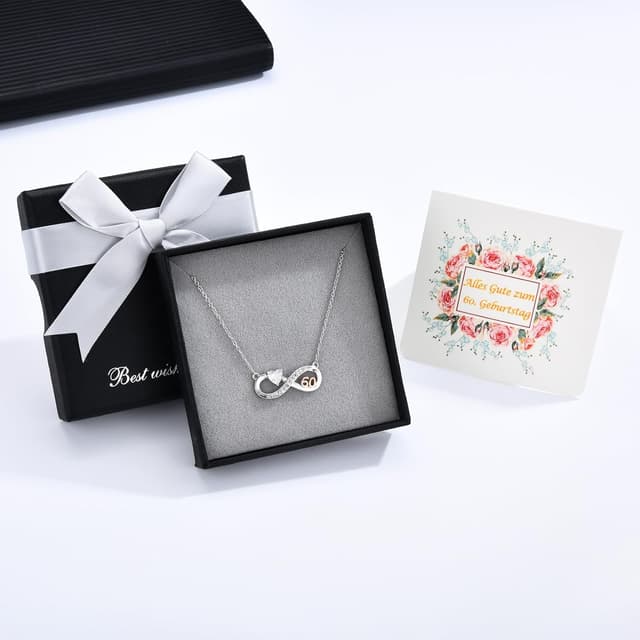 Detalle 2 de USEEDOVIA Infinity-Halskette zum 60. Geburtstag für Frauen mit Herz-Zirkonia, rosévergoldeter Anhänger