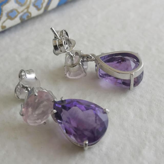 Detalle 2 de Rose Quartz and Amethyst Sterling Silver Drop Earrings (Handmade 925 Silver) – Natural Gemstone Statement Drops