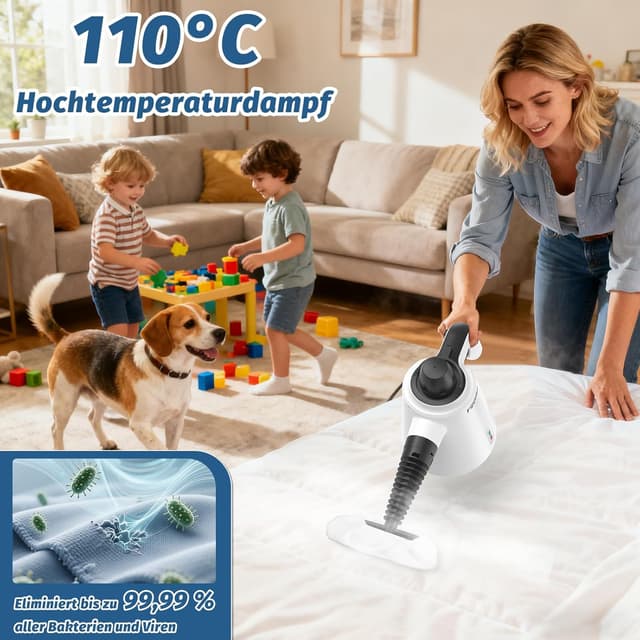 Detalle de Hand-Dampfreiniger 1050 W mit 3,5 bar Dampfdruck und 9 Zubehörteilen – chemiefrei für Haushalt & Küche