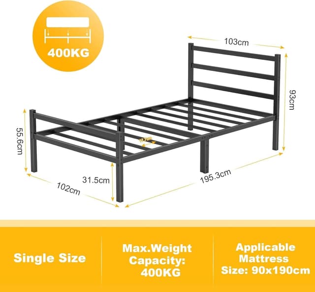 Detalle 2 de Yornoli 3ft Black Single Bed Frame with Headboard and Storage (Steel Slats, No Box Spring Needed)