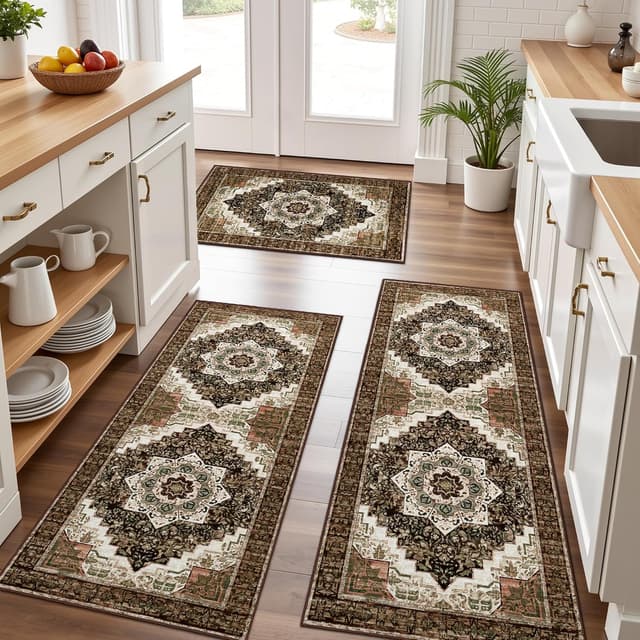 Detalle de Tritard 3-Piece Non Slip Boho Kitchen Rug Set (Brown) – Washable Kitchen Mats for Runner, Hallway, and Laundry Room