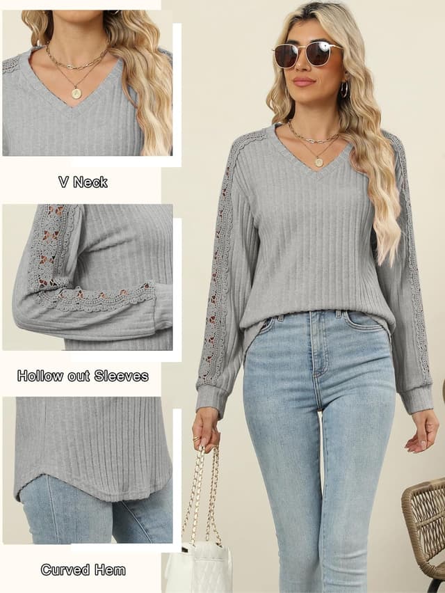 Detalle de Famulily V Neck Jumper for Women – lightweight hollow-out long sleeve top for layering