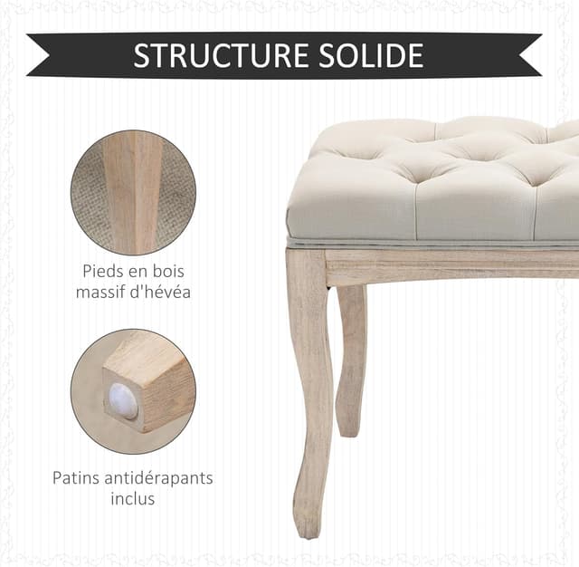 Detalle de HOMCOM banquette capitonnée en lin style classique chic, 110 cm, piètement en bois d’hévéa sculpté