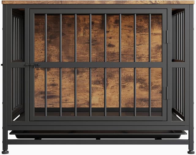 Thumbnail 6 de BORPHOM 32.68" Wooden Dog Crate Furniture – Large indoor kennel with 2 doors and removable tray