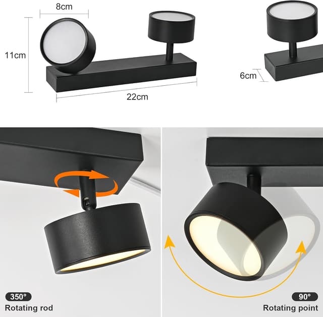 Detalle de Doughelec LED Deckenleuchte (2-flammig) mit schwenkbaren Spots, schwarz, 12 W, warmweiß 3000 K