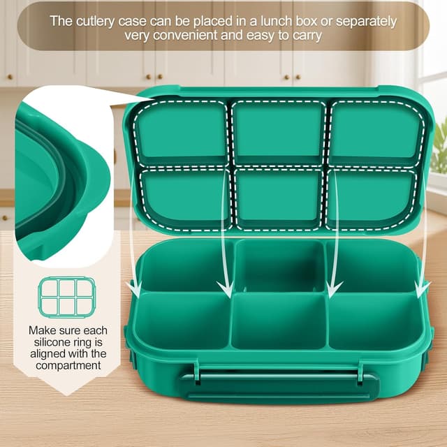 Detalle de Amathley kids bento lunch box with 6 compartments, leakproof divider design and sauce pot (green)