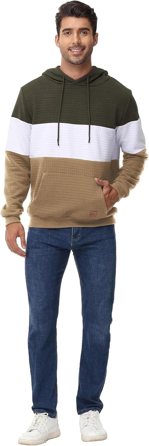Detalle 2 de YuKaiChen Herren Patchwork Hoodie Pullover mit Kapuze, Langarm Jacquard Farbblock und Taschen
