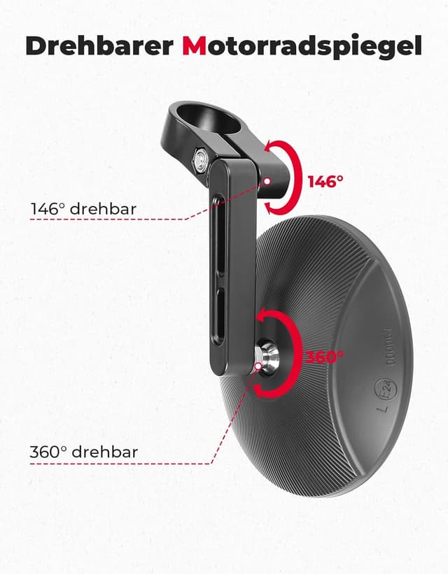 Detalle de KEMIMOTO CNC Motorrad Spiegel E24 geprüft – 360° drehbar, 2 Stück Lenkerendenspiegel für viele Lenker