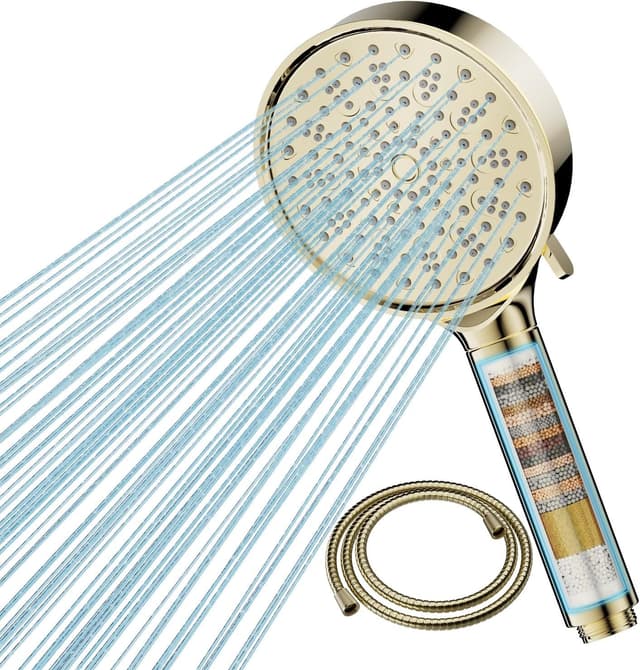Detalle de Cobbe Hard Water Filter Shower Head and Hose (Gold) with 20-Stage Filter and 6 Spray Modes