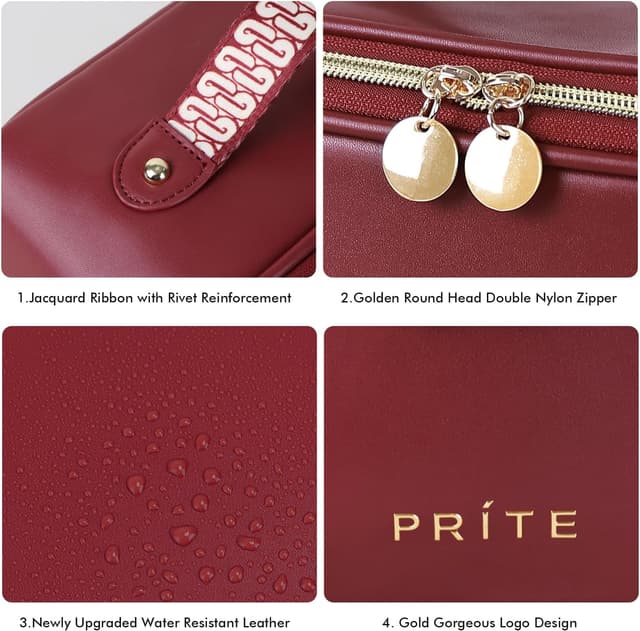 Detalle 1 de Prite Große Kapazität Kosmetiktasche (PU-Leder, dunkelrot) mit transparenter Trenn-Einlage