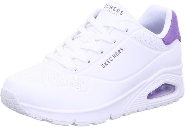 Detalle de Skechers Uno para mujer White Durabuck Purple Suede Trim (talla 38.5 EU): comodidad con espuma viscoelástica y suela flexible