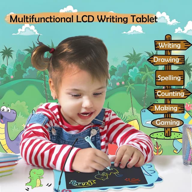 Detalle de Decute Dinosaur 8.5-inch LCD writing tablet for kids – blue doodle board with erase & lock