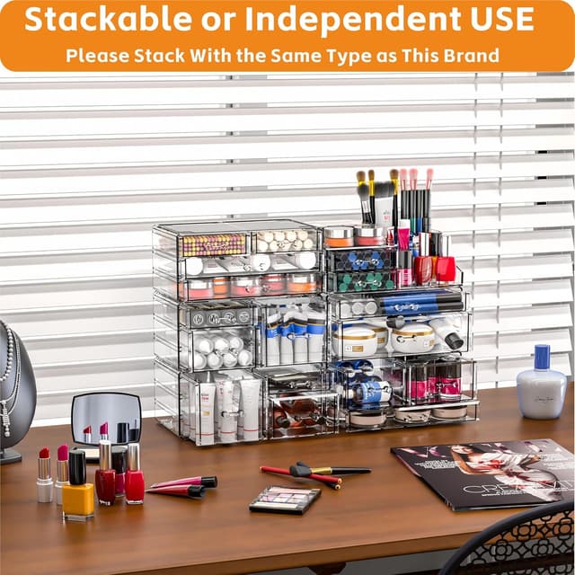 Detalle de Acrylic Clear Makeup Organizer Countertop (11 Drawers) — Stackable Vanity & Skincare Storage for Beauty Counters