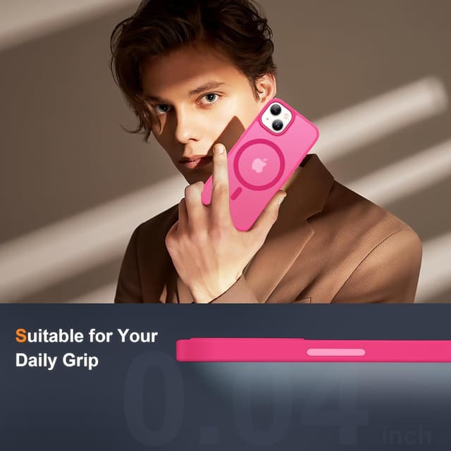 Thumbnail 6 de ORETECH Magnetische Hülle für iPhone 15 Plus (Mag-Safe) mit 2 Displayschutzfolien & 1 Kameraschutz – stoßfest, transluzente Rückseite in Hot Pink