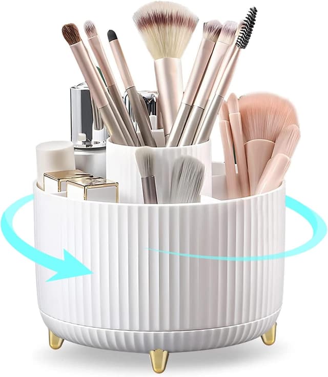Detalle de Bekeify 360° Rotating Makeup Organiser with 5 Compartments (White ABS) for Brushes, Cosmetics & Small Accessories