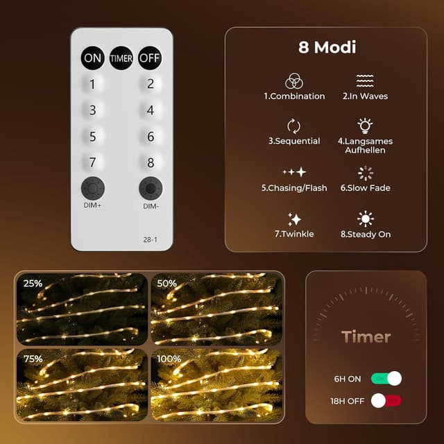 Detalle 1 de LED Schlauch 20 m mit 400 LEDs für außen – Lichterkette IP67, 8 Modi, dimmbar mit Fernbedienung & Timer