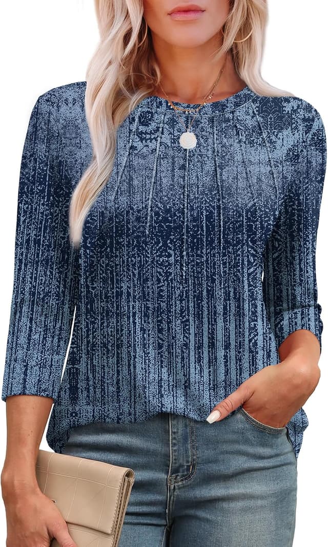 Thumbnail 6 de Aokosor Womens 3/4 Sleeve Pleated Crew Neck Tunic Blouses