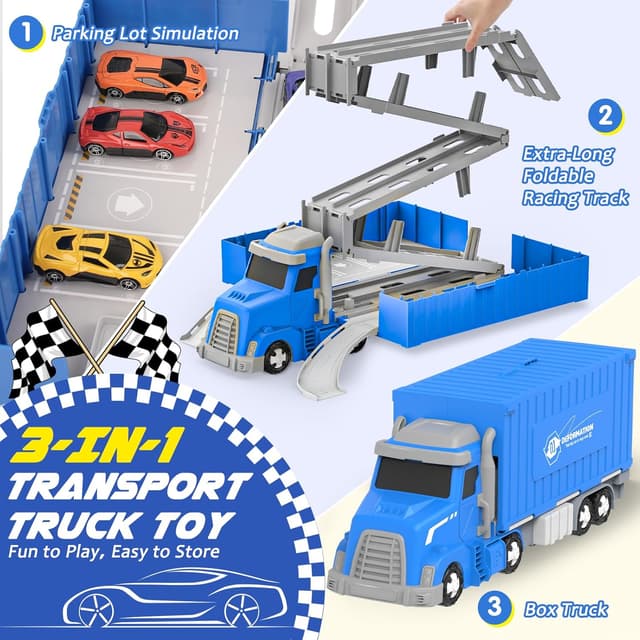 Detalle de maysida 3-in-1 Containerwagen Transport Truck mit faltbarer Rennbahn und 6 Spielzeugautos (ab 3 Jahren)