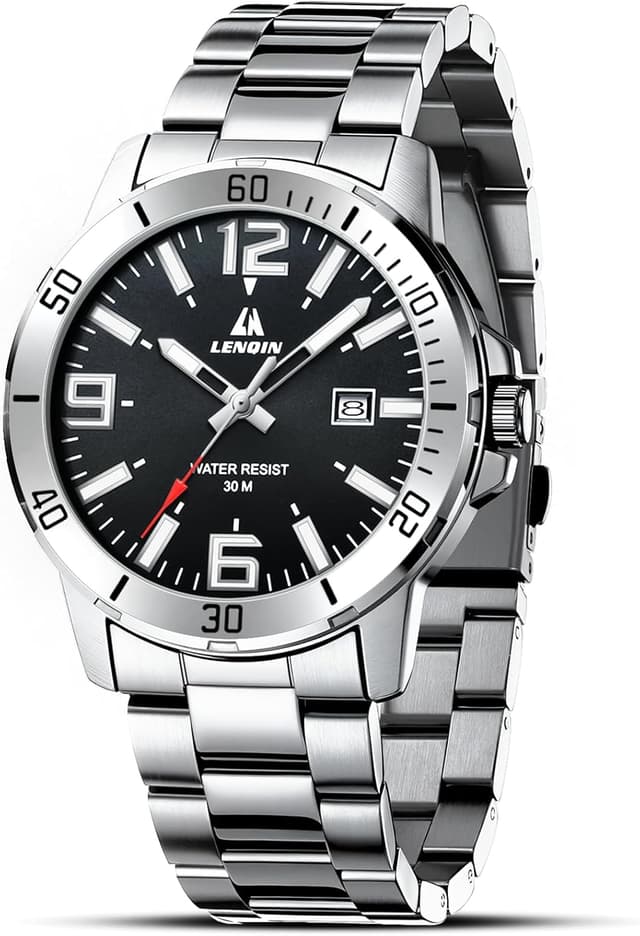 Detalle de LN LENQIN Herrenarmbanduhr aus Edelstahl mit Quarzwerk, analogem Zifferblatt und Datumsanzeige