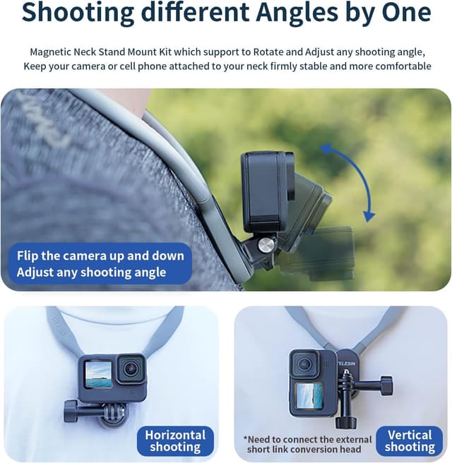 Detalle de TELESIN Magnetischer POV-Hals-Selfie-Ständer mit Handy-Clip für Actionkameras & Smartphones