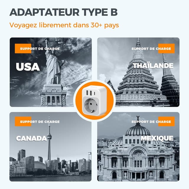 Detalle de Adaptateur TESSAN USA 4 en 1 1875 W