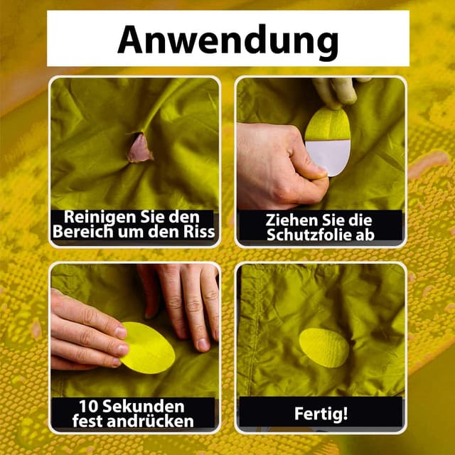 Detalle 2 de aZengear Reparaturflicken-Set (11 Stück, Gelb) für Daunenjacken, Zelte, Schuhe & Polster – selbstklebend, wasserdicht