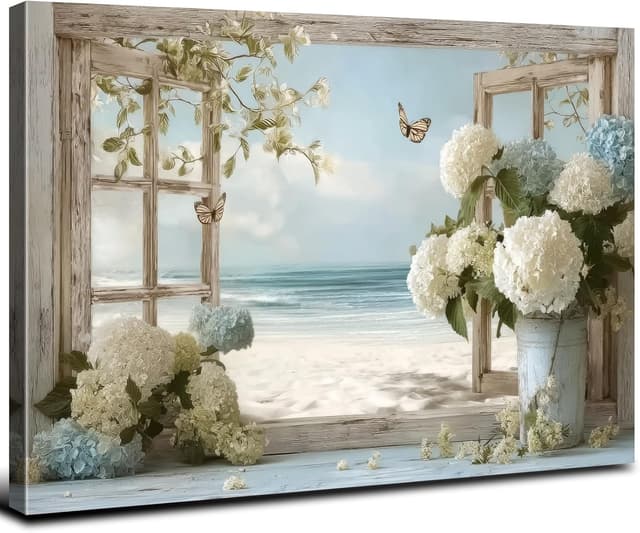 Detalle de Coastal Window Beach Wall Art Canvas – Blue Hydrangea Floral Seascape (12x16 inch, 1 panel)