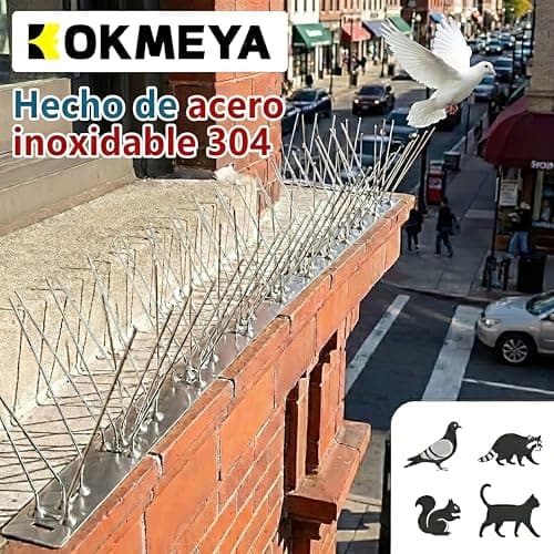 Detalle de KOKMEYA Pinchos antipalomas de acero inoxidable 304 (1 m, 4 piezas de 25 cm) con tornillos y bridas para balcón, canalón y tejado