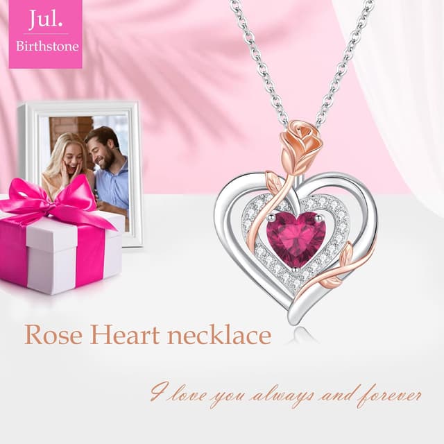 Detalle 2 de LAVUMO Collier femme argent sterling 925 et laiton, pendentif double cœur rose et fleur avec pierre de naissance