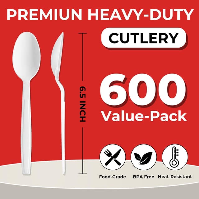 Detalle 2 de 600Pack Disposable Plastic Spoons (Heavy-Duty) White Teaspoons for Parties, Restaurant & Takeout