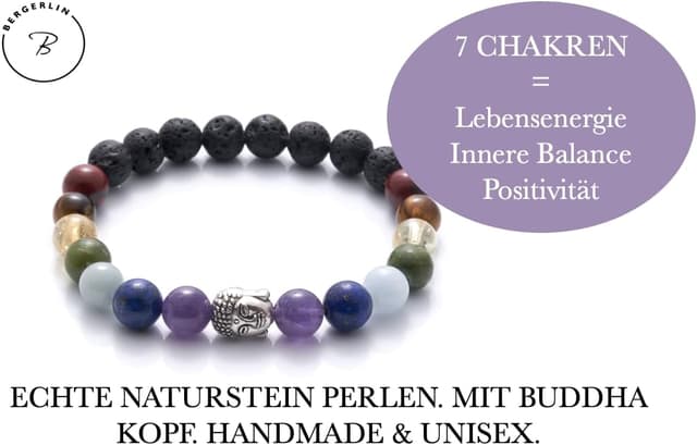 Detalle de BERGERLIN 7 Chakren Armband mit Naturstein-Perlen (inkl. Echtheitszertifikat, Unisex)
