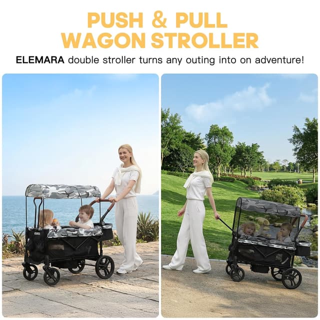 Detalle de ELEMARA All-Terrain Stroller Wagon for 2 Kids (Foldable, Push/Pull Handle, Canopy & Mosquito Net) — Black+White
