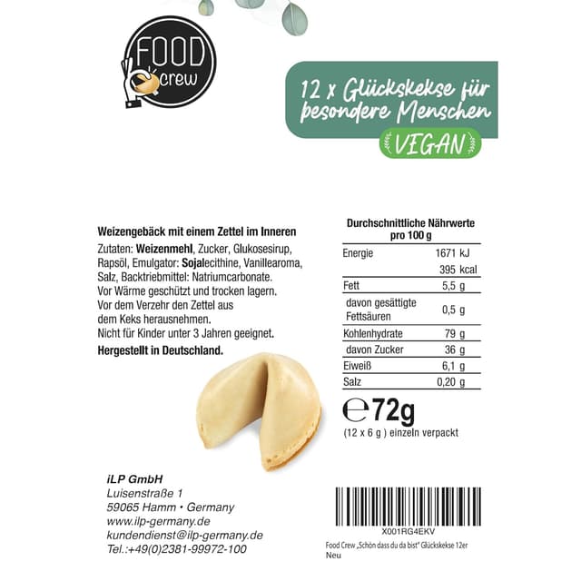 Detalle 2 de FOOD crew 12x Glückskekse „Schön dass du da bist“ – einzeln verpackt, vegan (Gastgeschenk Hochzeit & Kommunion)