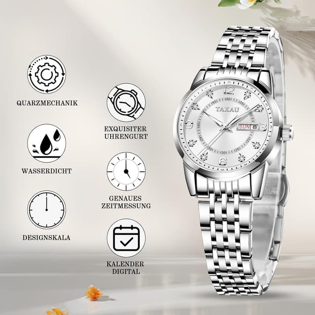 Detalle de Taxau Damenuhr Armbanduhren Silber – klassische Quarz-Uhr mit Edelstahlband, Kalender und 3ATM Spritzwasserschutz