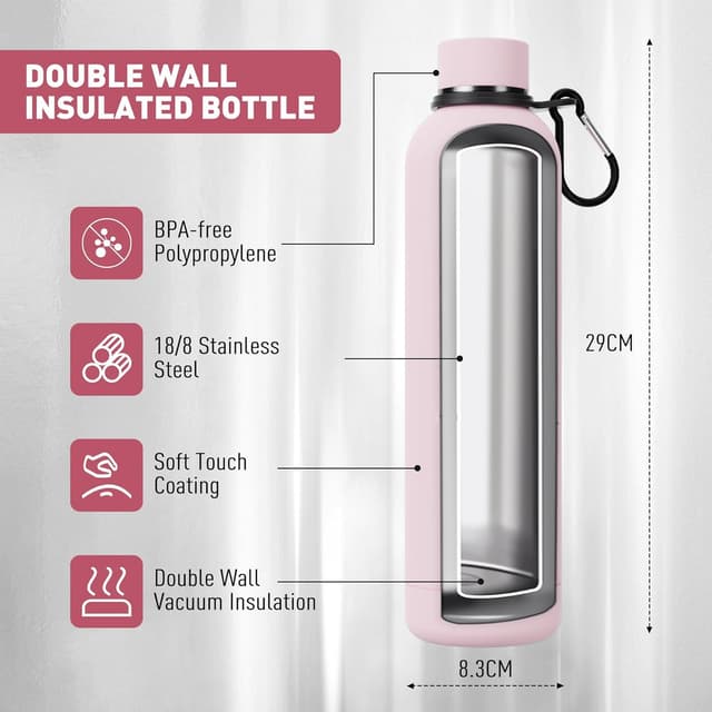 Detalle de Exllena 1l Insulated Water Bottle with Clip – Double-Wall Vacuum Stainless Steel (Pink)