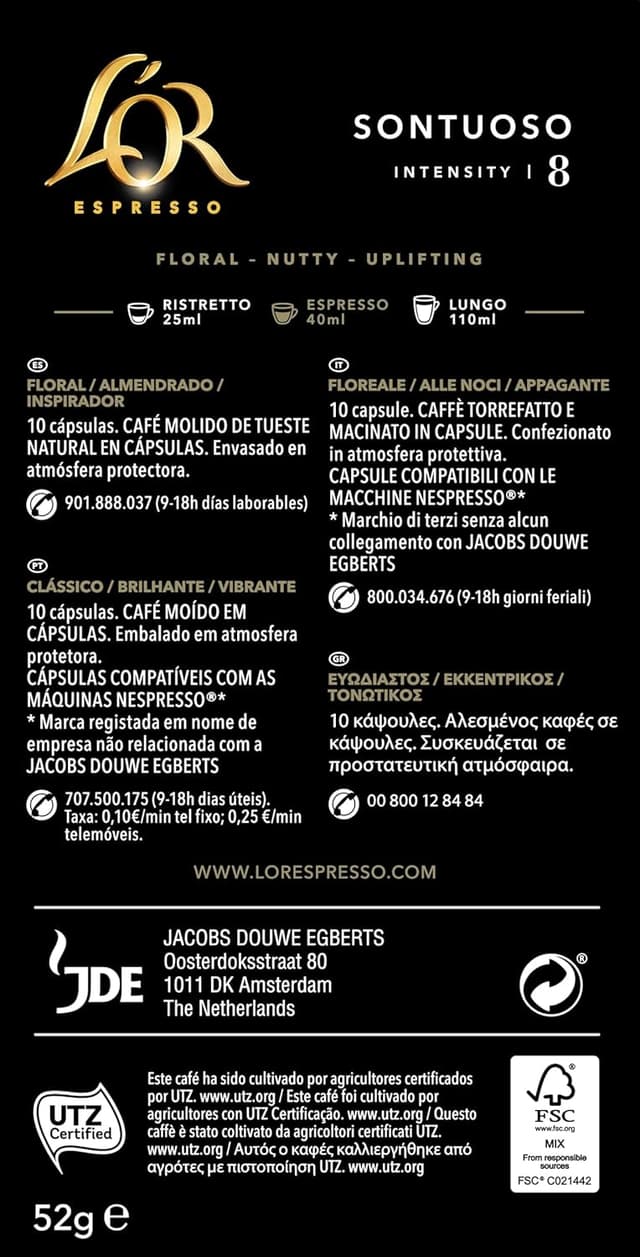 Detalle 2 de L'OR Espresso Cápsulas Sontuoso ☕️ 200 Unidades Para Nespresso