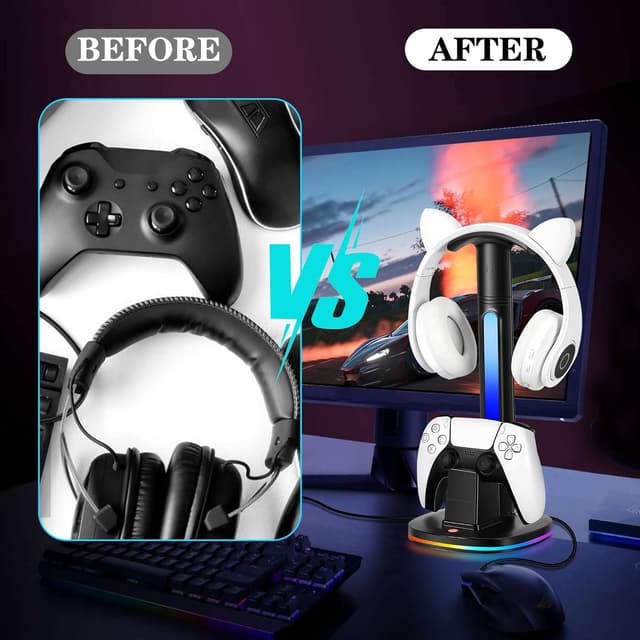 Detalle de JDGPOKOO PS5 Controller Charging Station with RGB Headphone Stand (2 USB Ports)
