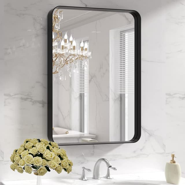 Detalle de LOAAO 22x30-Inch Black Metal Bathroom Mirror (Matte Rectangular, Rounded Frame Corners) for Wall Mount