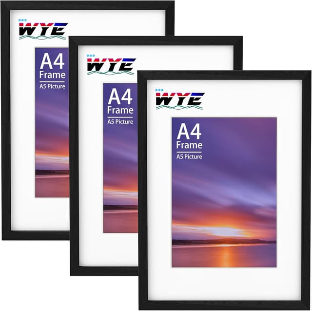 Detalle de wyewye A4 Frame 3 Pack (21 x 29.7 cm) black wood picture frames with plexiglass window and A5 mount