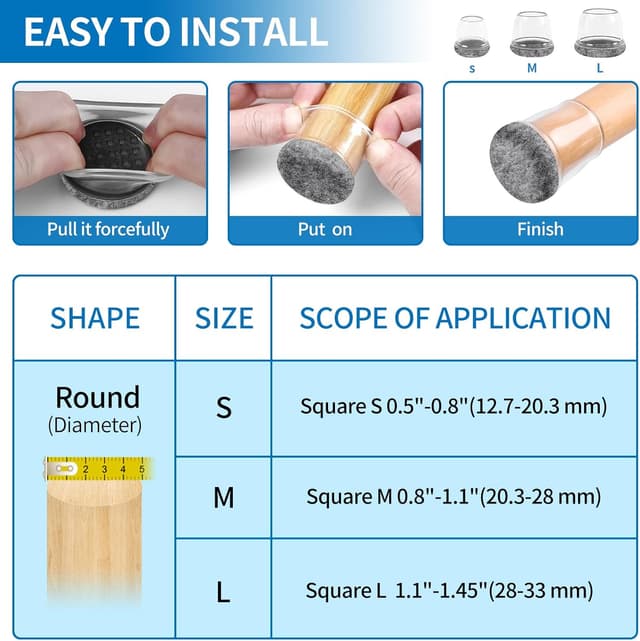 Detalle 2 de Kleine Silikon Bodenschoner für Stuhlbeine – 32 Stuhlbeinkappen grau, Φ 28–37 mm, Filzunterseite