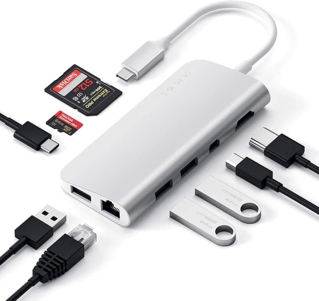 Detalle 2 de SATECHI USB-C Multimedia Adapter Hub mit 4K HDMI, Mini DisplayPort und 60W PD-Ladefunktion (Ethernet, USB 3.0, Micro/SD) – Silber