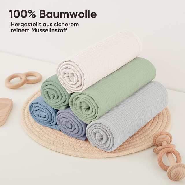 Detalle de Bearmoss Baby-Musselin-Spucktücher Set aus 100% Baumwolle, 6er Pack (60×60 cm)