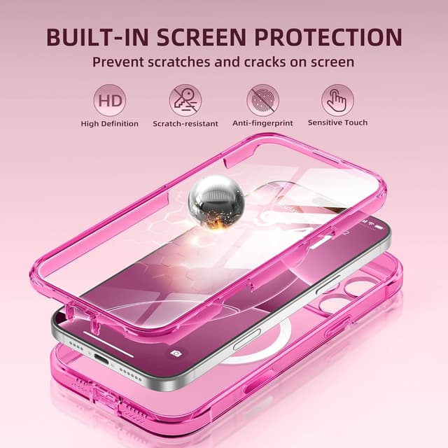 Detalle de BERFY iPhone 16 Pro Max Case with MagSafe + Built-in 9H Tempered Glass Screen Protector (Clear Bright Pink)