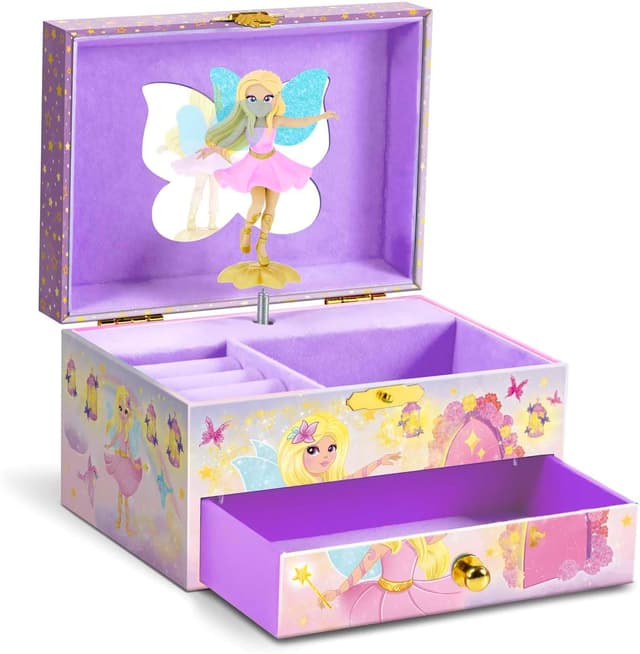 Detalle de MUSIC BOX Fairy Spieluhr mit Melodie – Mädchen-Schmuckkästchen mit drehbarer Fee, Spiegel & Schublade
